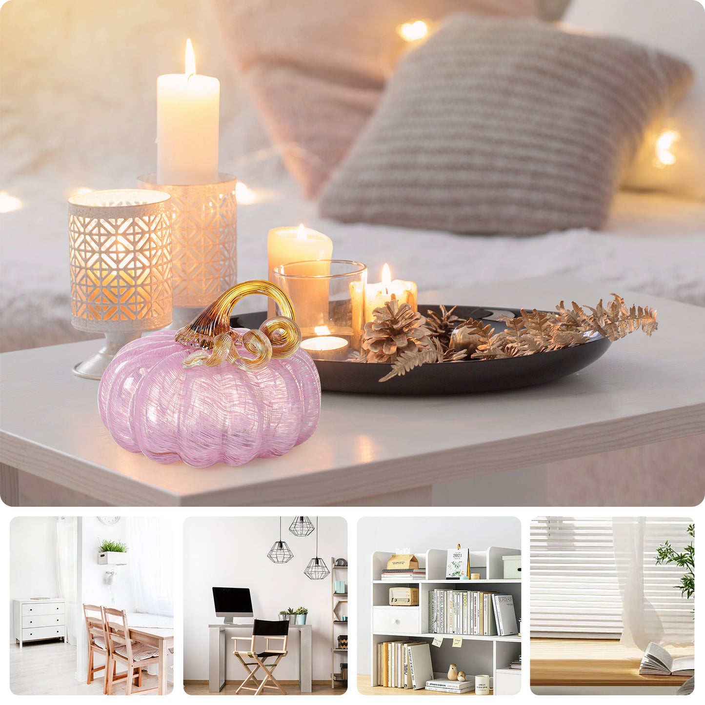 LONGWIN Hand Blown Glass Pink Pumpkin Figurines - 5.2 x 3.7 Inch Crystal Fake Pumpkin Home Decor Collectible Figurine for Tabletop/Halloween/Thanksgiving