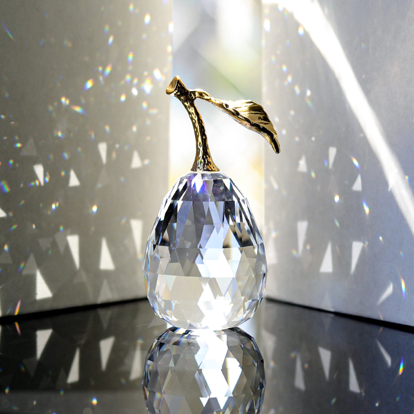 Crystal Pear Figurine with Golden Leaf