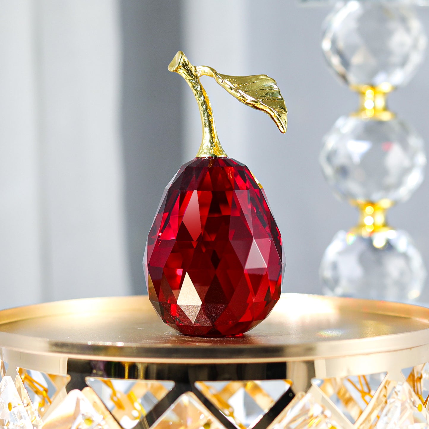 Crystal Pear Figurine with Golden Leaf