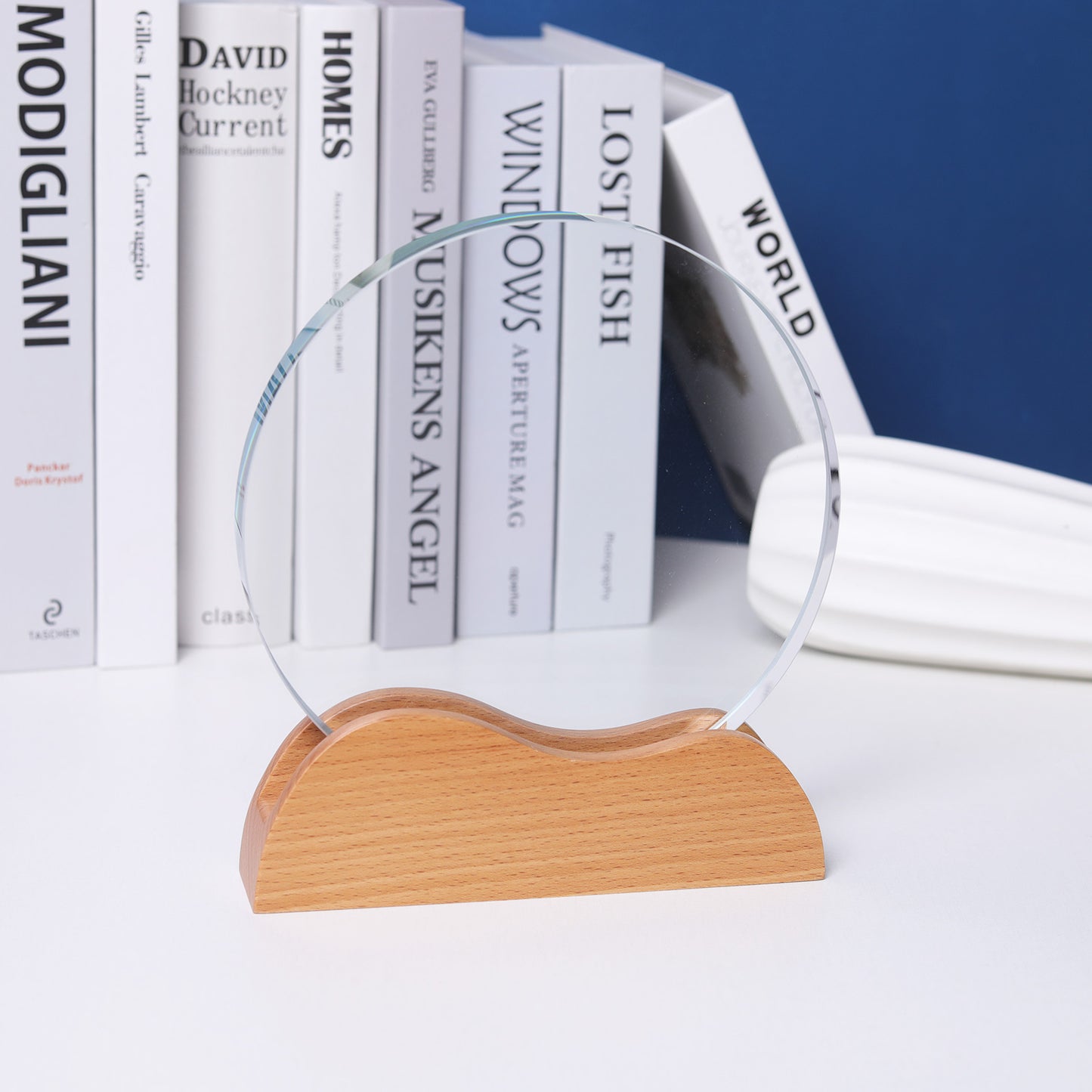 Longwin Circle Crystal Trophy with Wooden Base