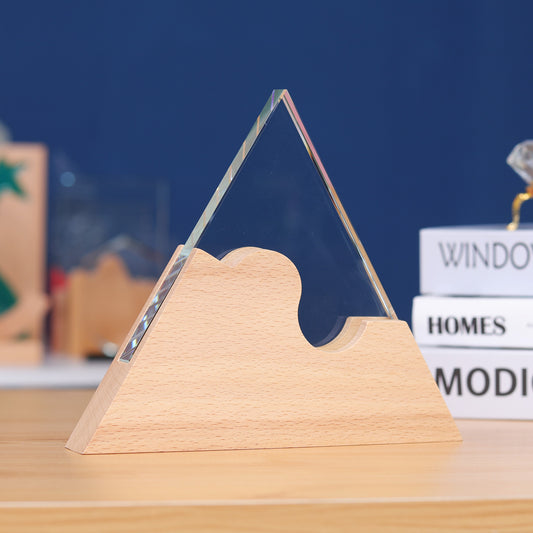 Longwin Triangular Crystal Trophy with Wooden Base