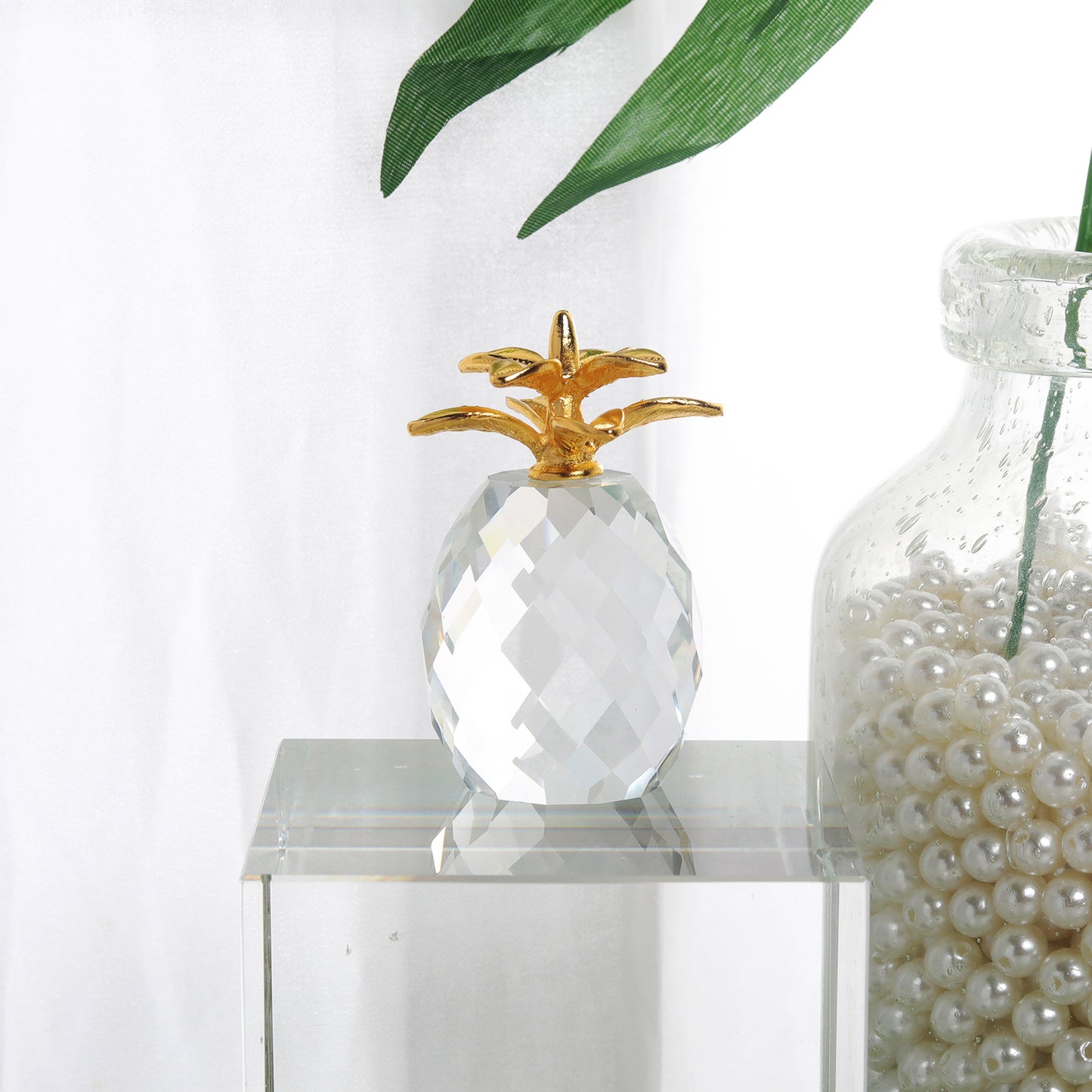 Crystal Pineapple Figurine with Golden Leaves