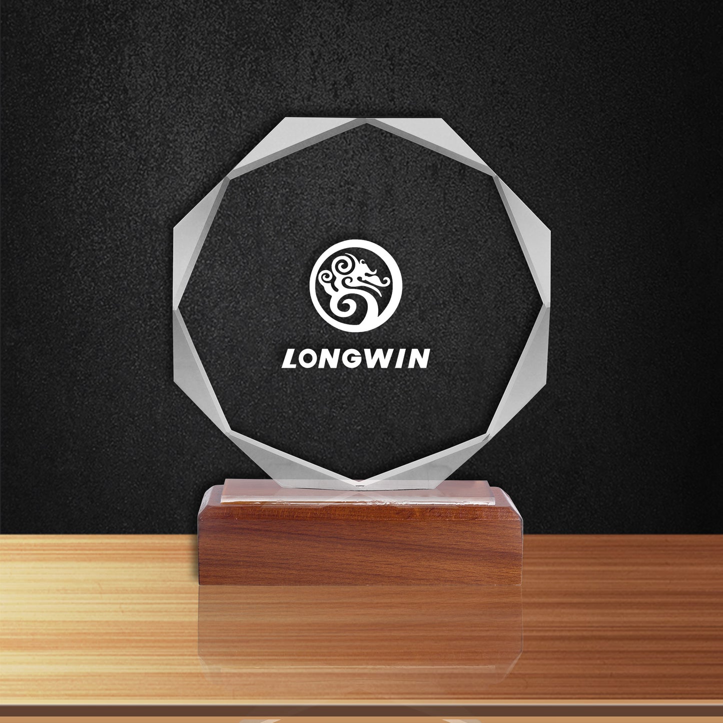JNCT-195 Longwin Octagonal Crystal Trophy with Wooden Base