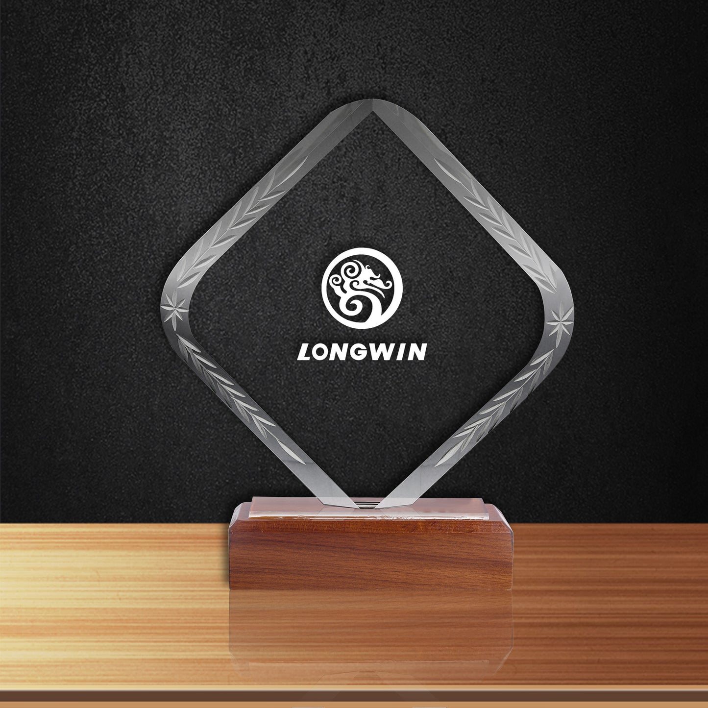 JNCT-197 Longwin Square Crystal Trophy with Wooden Base