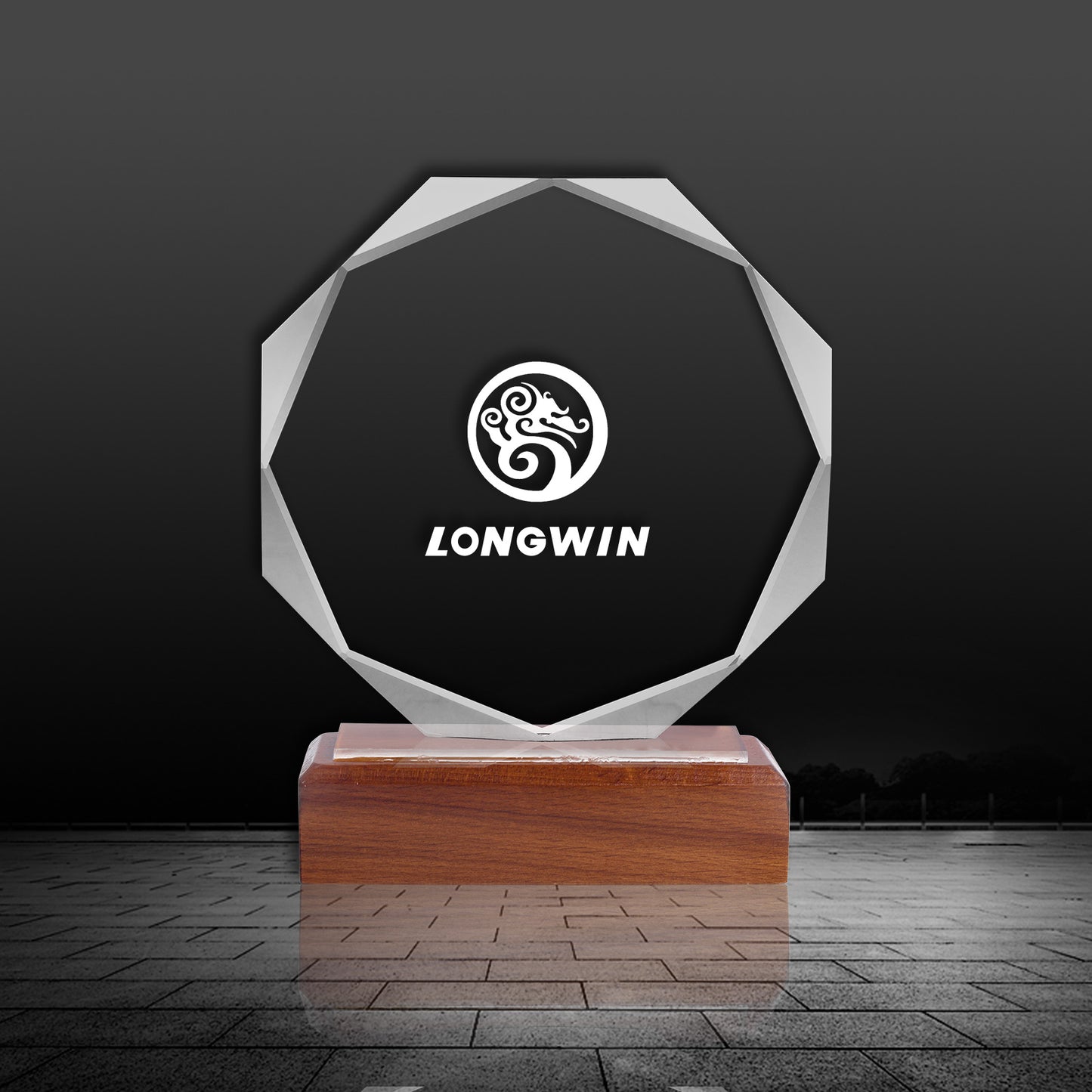 JNCT-195 Longwin Octagonal Crystal Trophy with Wooden Base