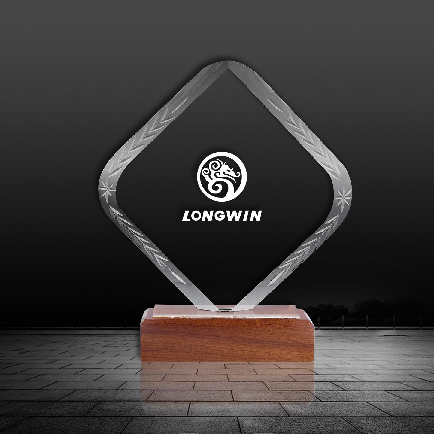 JNCT-197 Longwin Square Crystal Trophy with Wooden Base