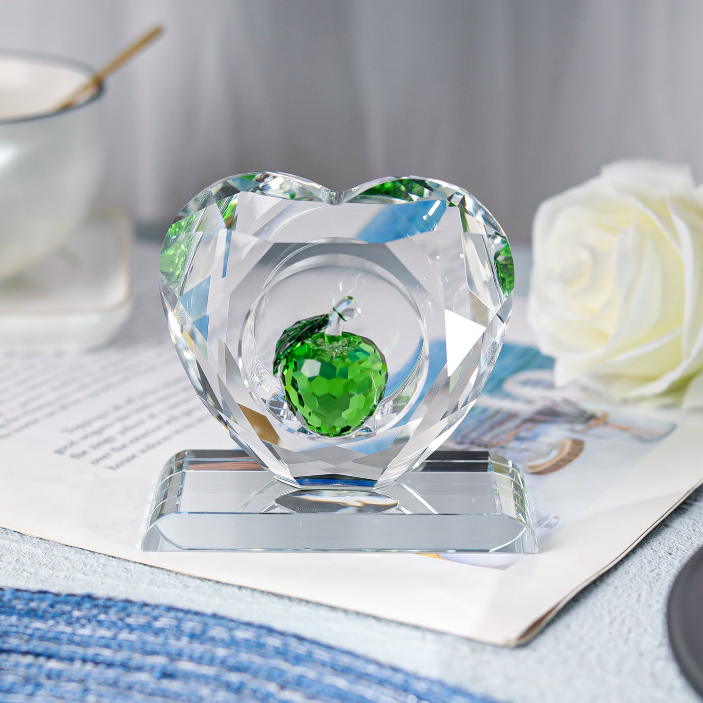 Heart-shaped Crystal Paperweight with Colorful Apple