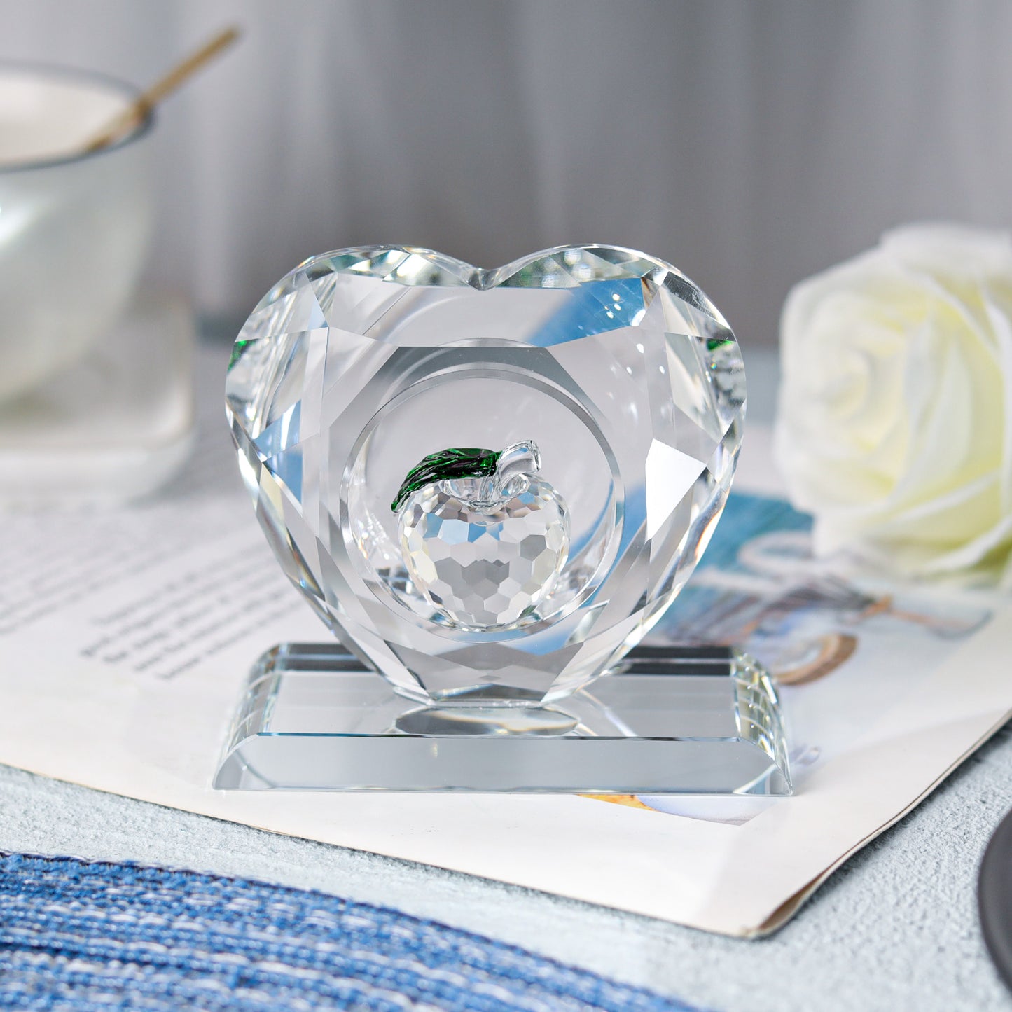 Heart-shaped Crystal Paperweight with Colorful Apple