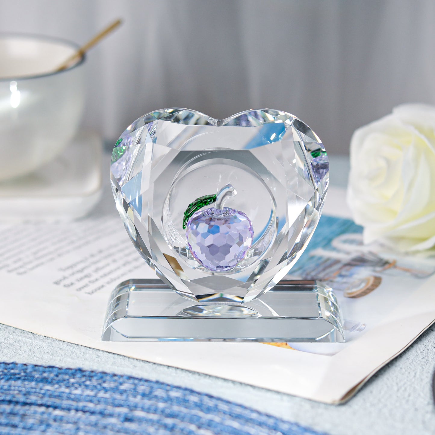 Heart-shaped Crystal Paperweight with Colorful Apple