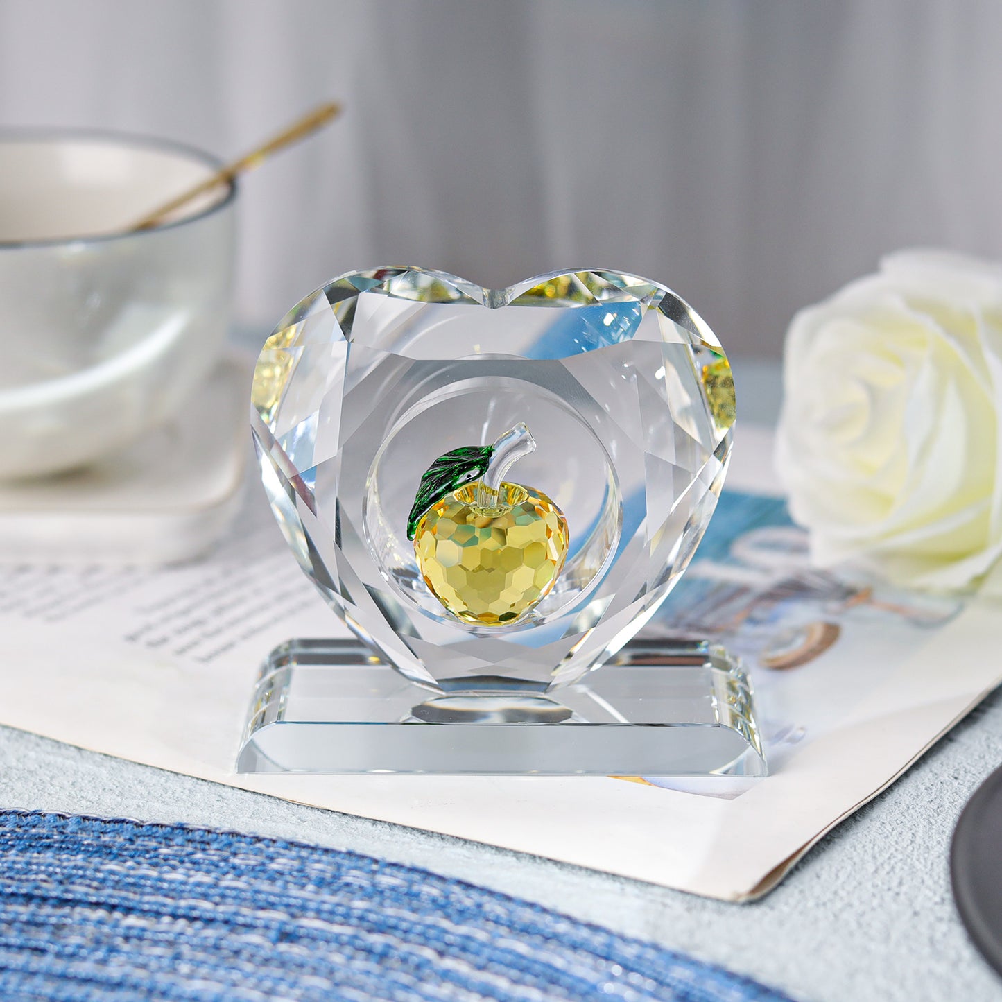 Heart-shaped Crystal Paperweight with Colorful Apple