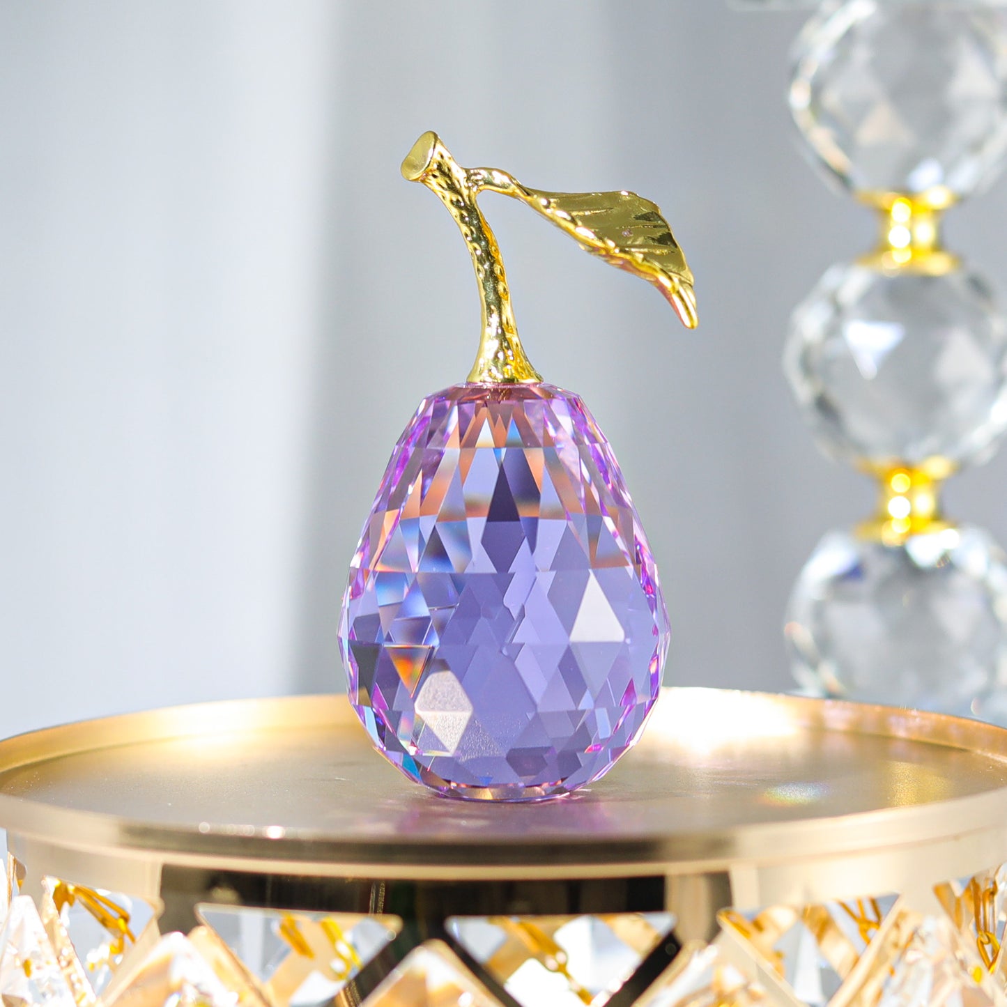 Crystal Pear Figurine with Golden Leaf