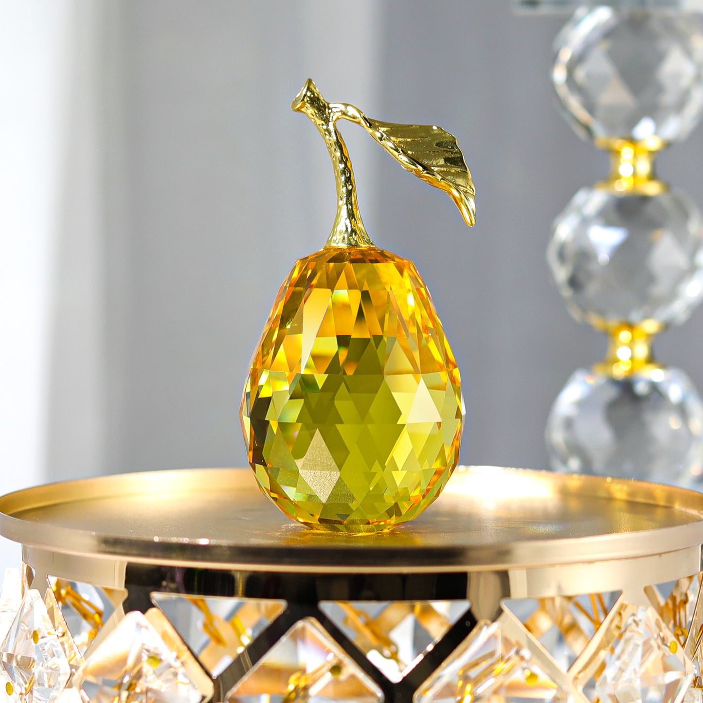 Crystal Pear Figurine with Golden Leaf