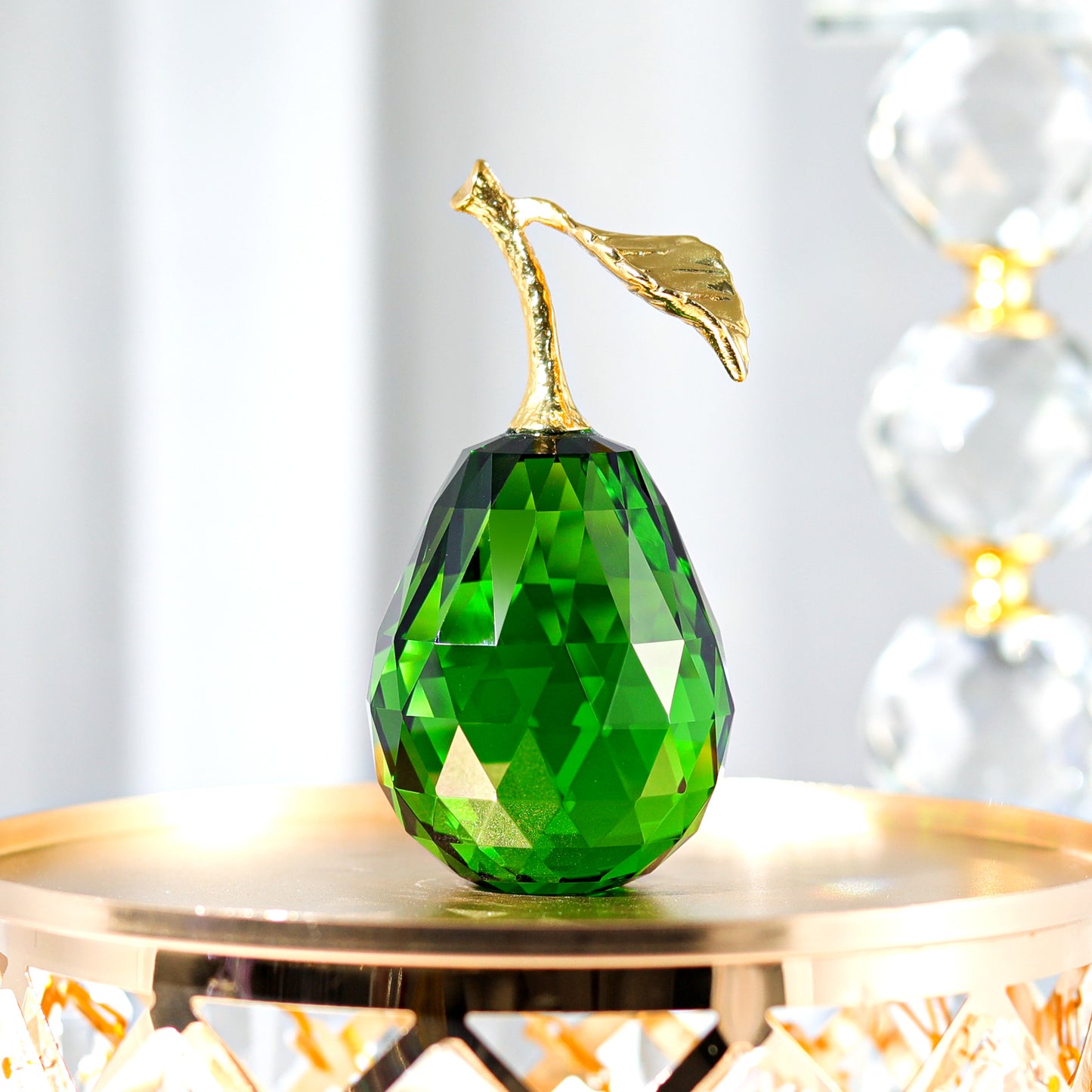 Crystal Pear Figurine with Golden Leaf