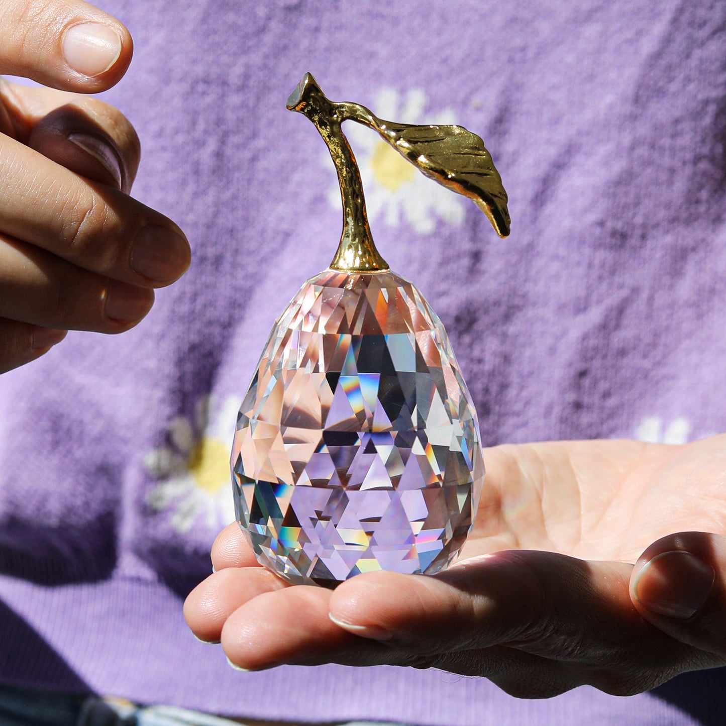 Crystal Pear Figurine with Golden Leaf