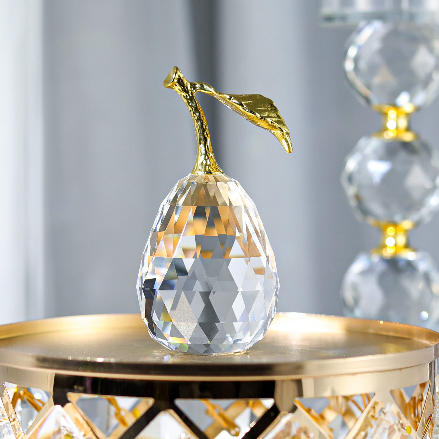 Crystal Pear Figurine with Golden Leaf