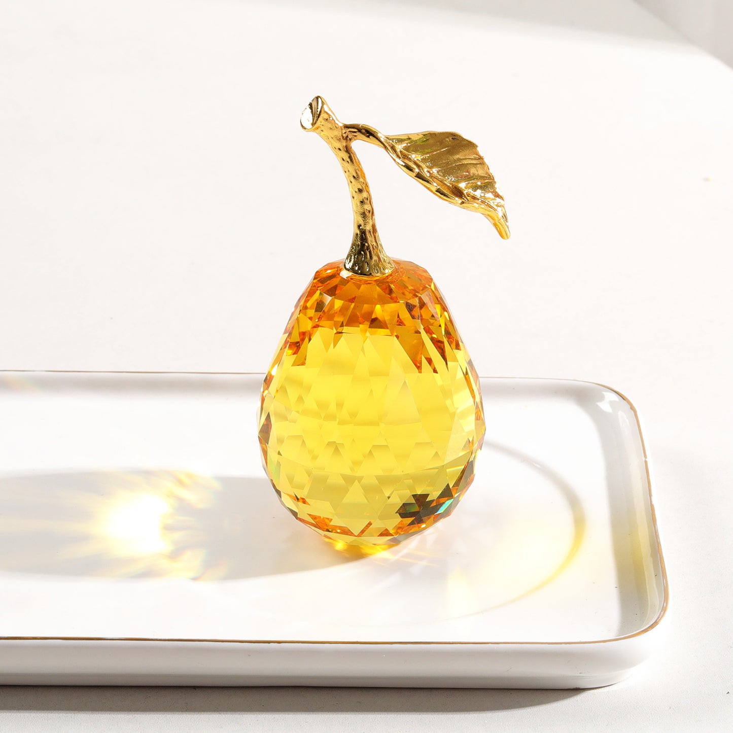 Crystal Pear Figurine with Golden Leaf