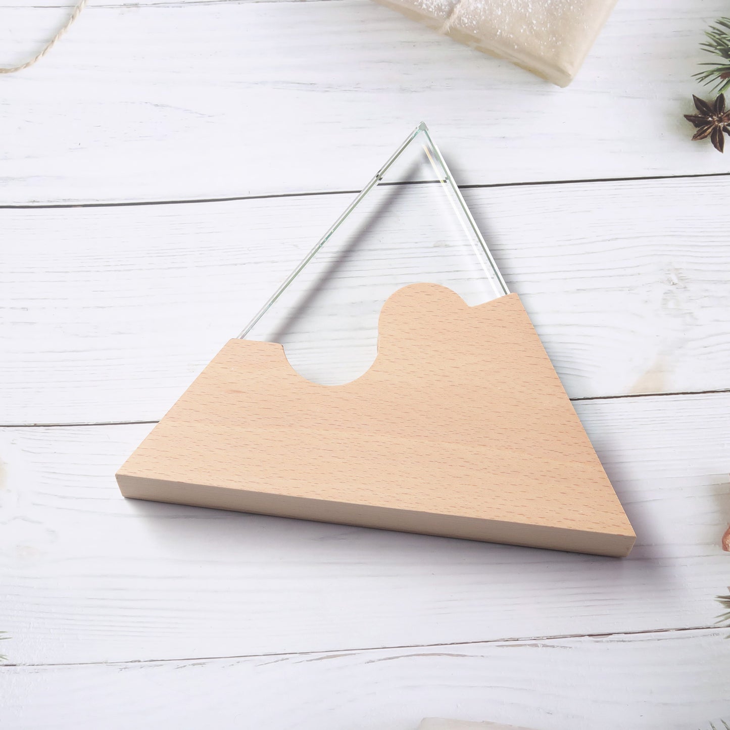 Longwin Triangular Crystal Trophy with Wooden Base