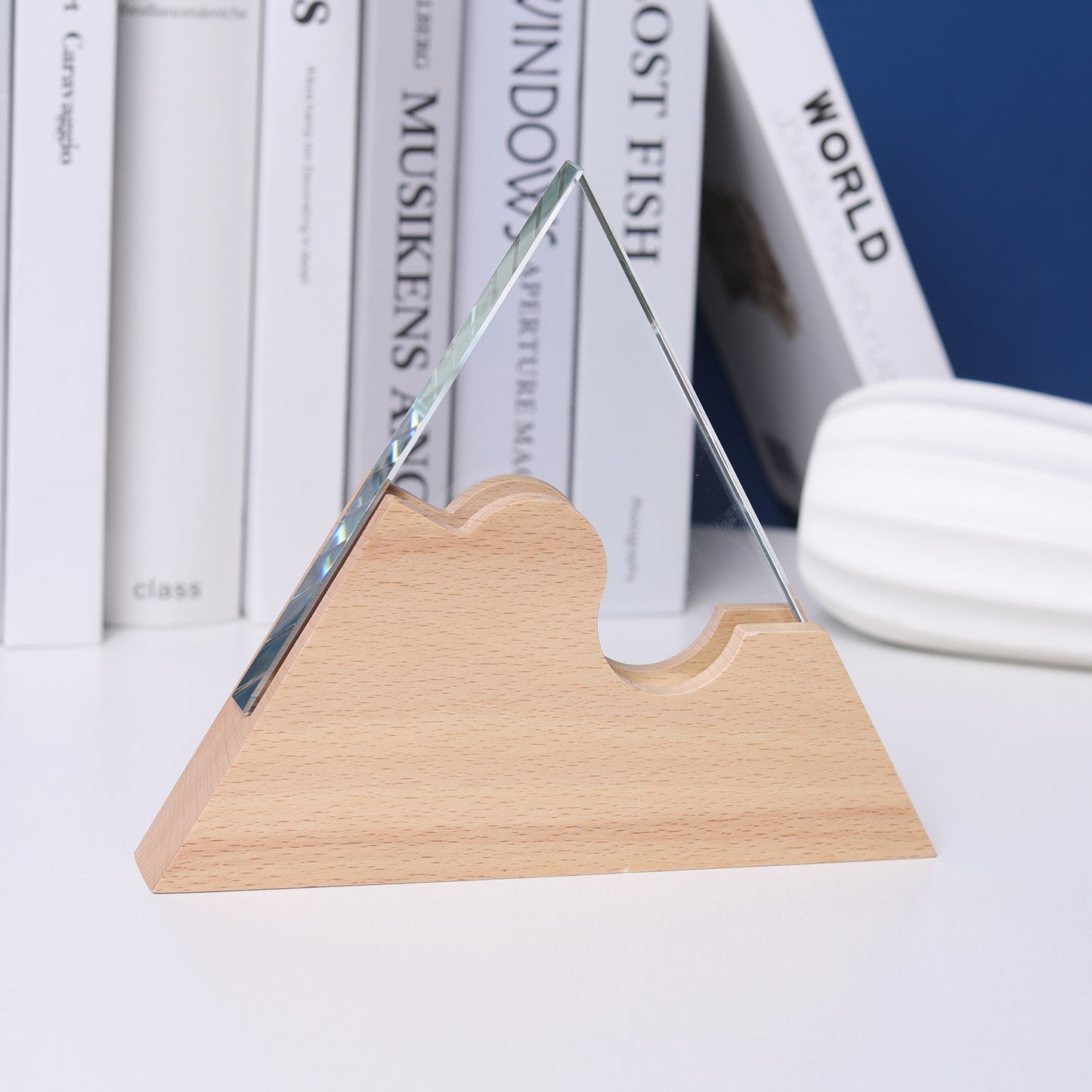 Longwin Triangular Crystal Trophy with Wooden Base