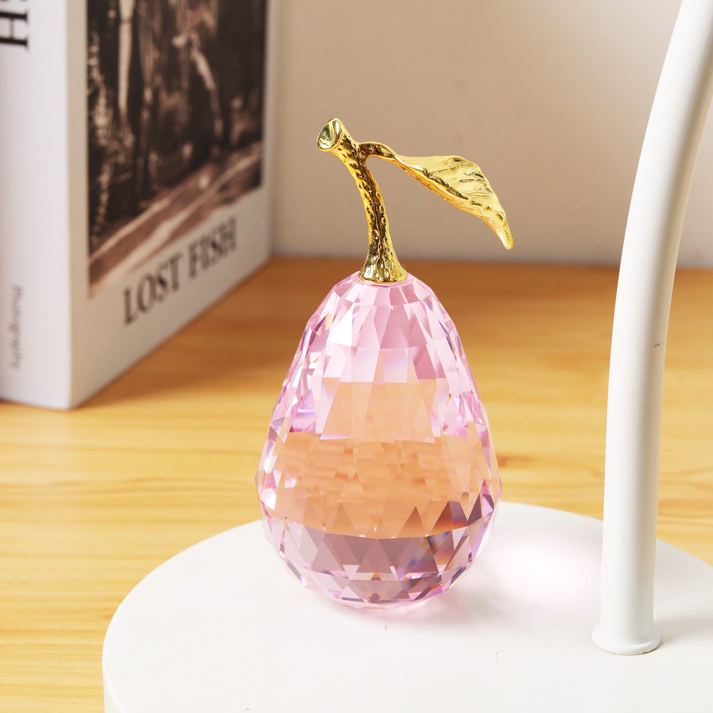 Crystal Pear Figurine with Golden Leaf