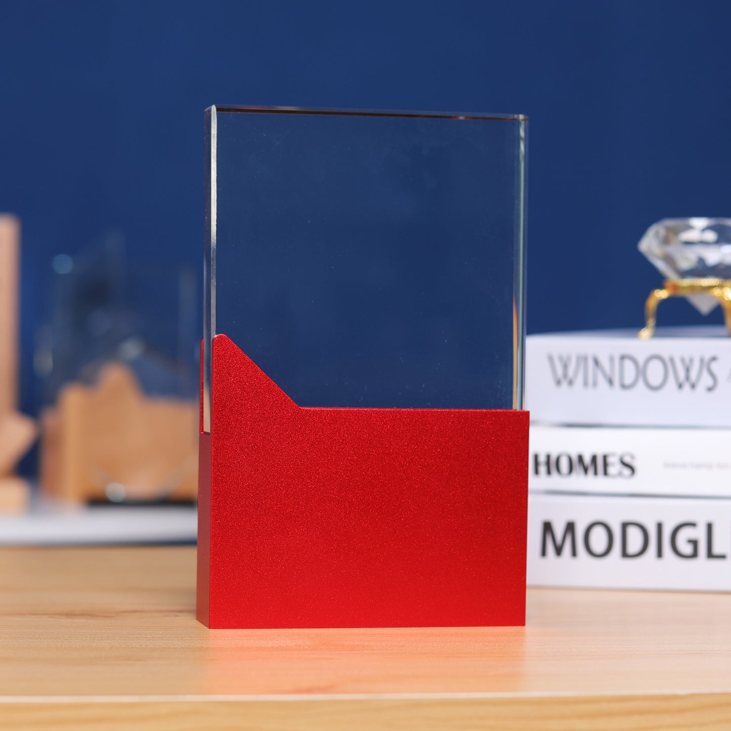 Longwin Rectangle Crystal Trophy with Red Wooden Base