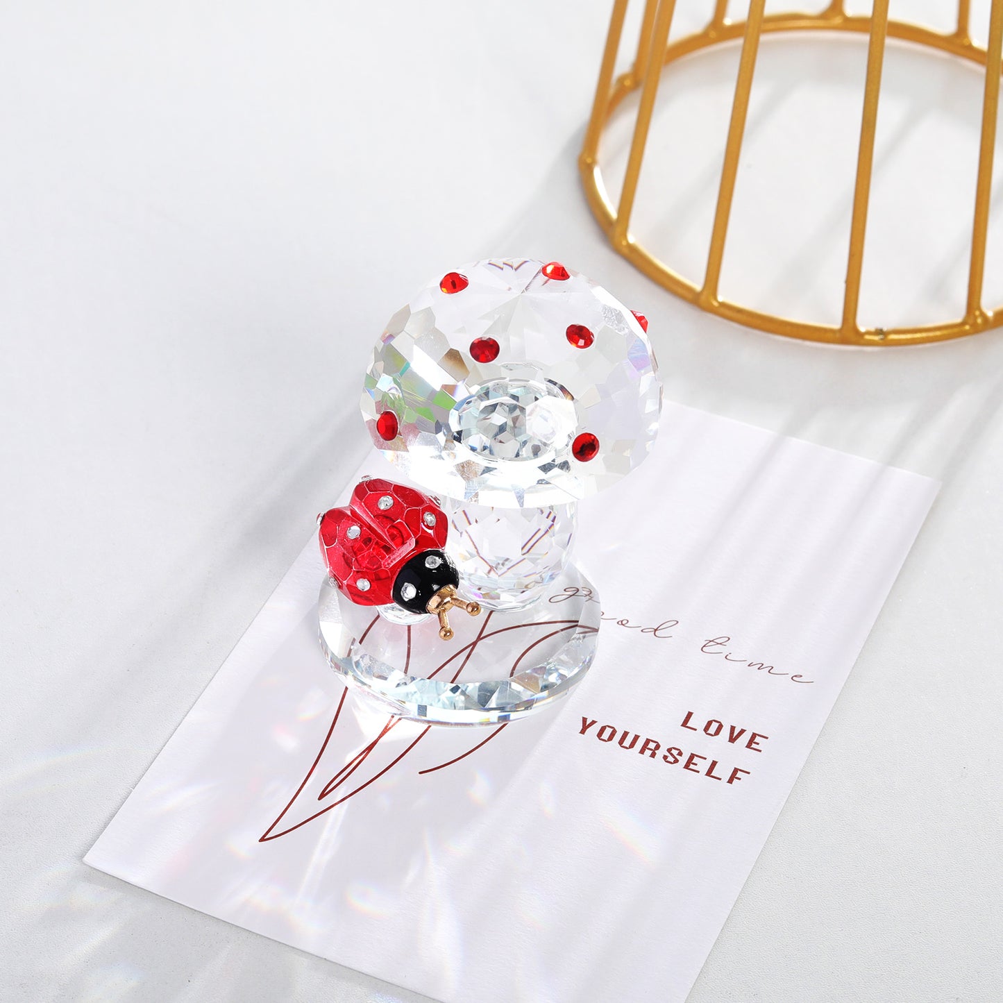 Crystal Clear Mushroom Figurine with a Ladybird