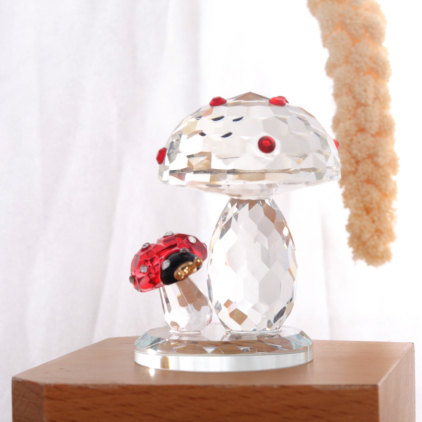 Crystal Clear Mushroom Figurine with a Ladybird