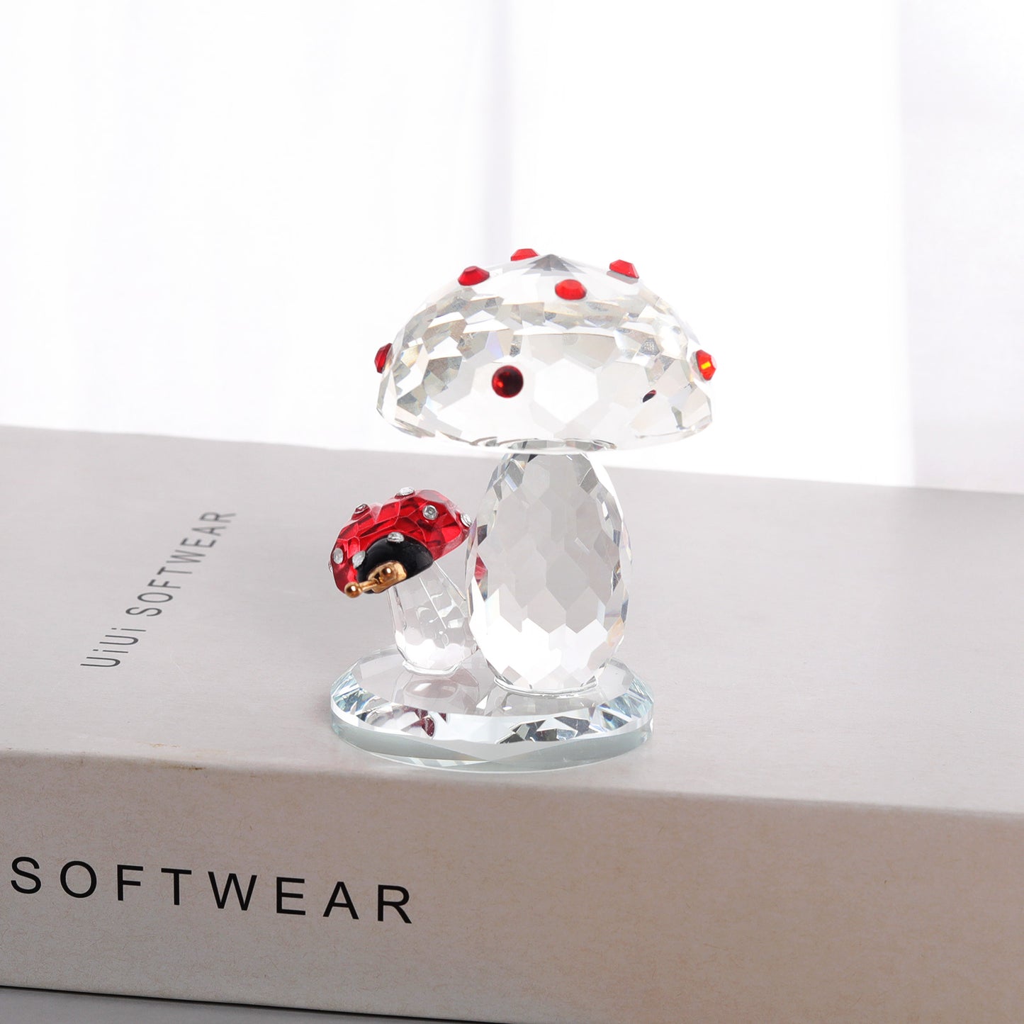 Crystal Clear Mushroom Figurine with a Ladybird