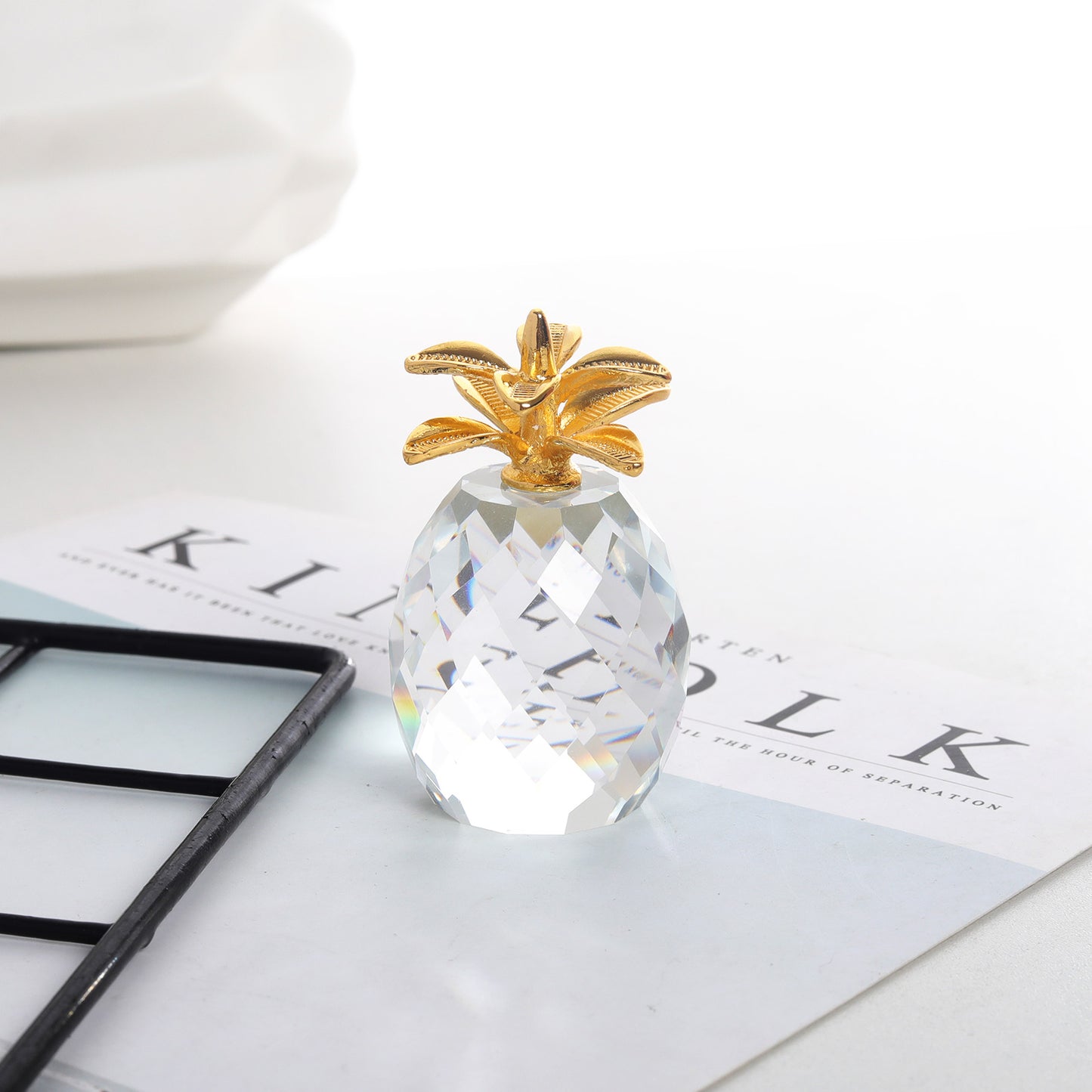 Crystal Pineapple Figurine with Golden Leaves