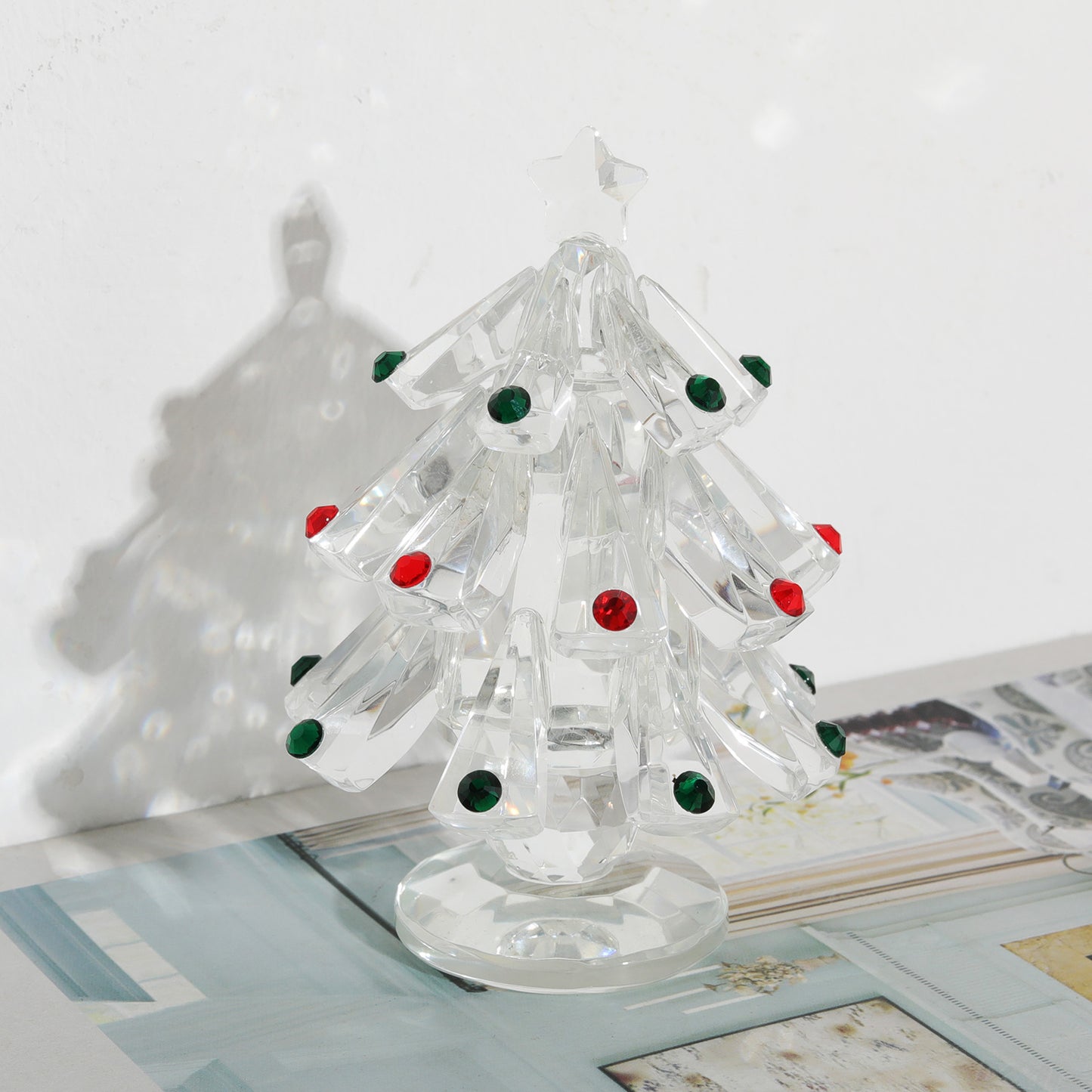 Crystal Christmas Tree Paperweight with Red and Green Diamond