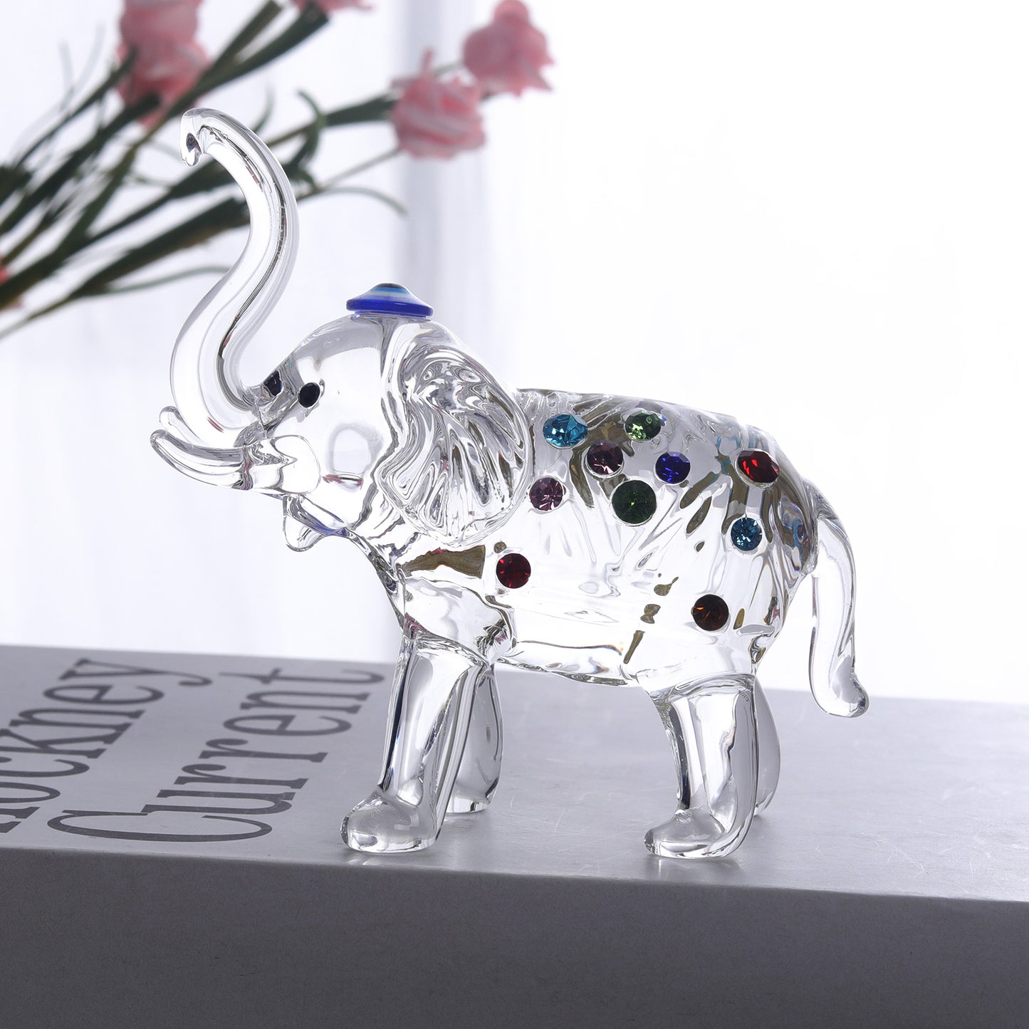 Crystal Elephant Statue with Colorful Diamond