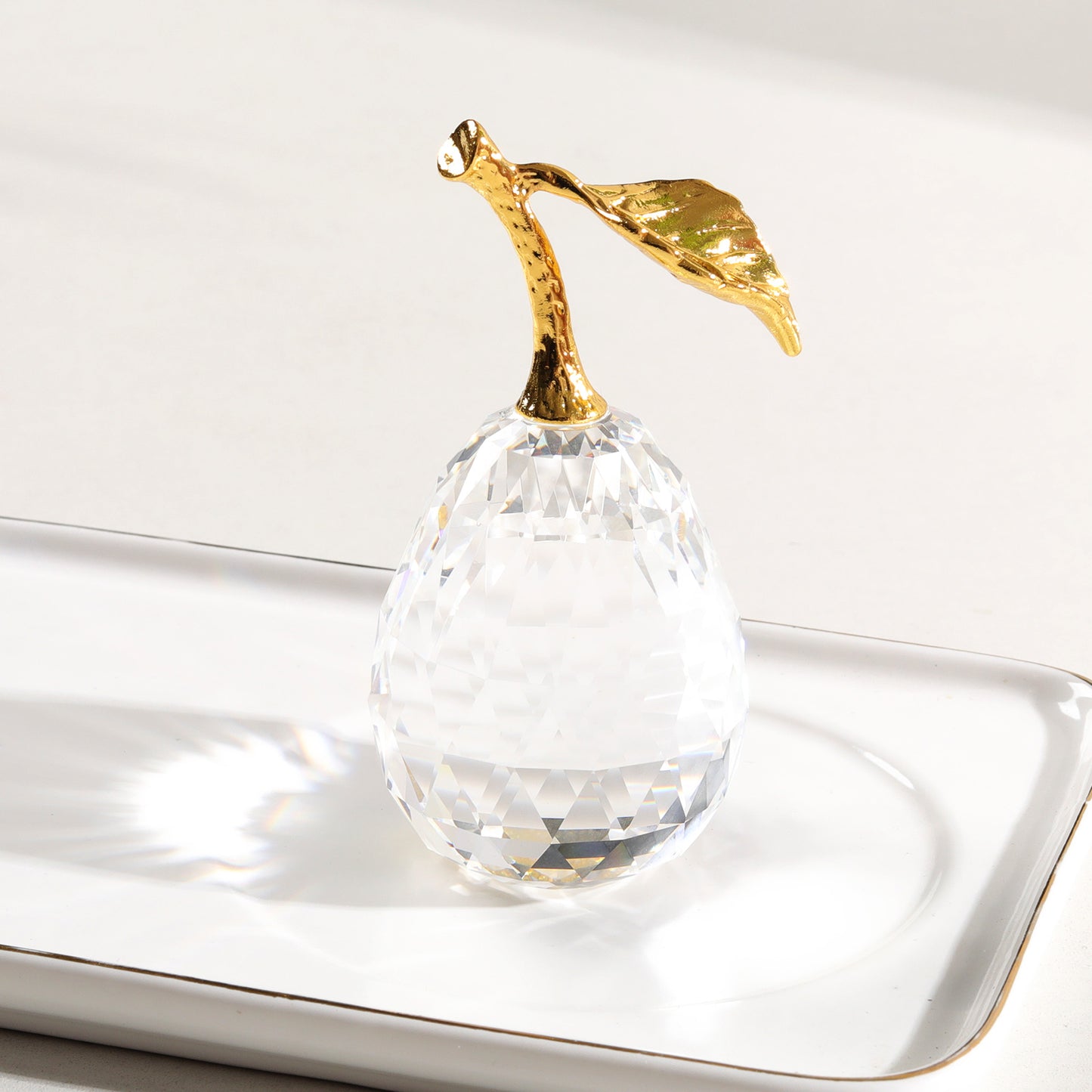 Crystal Pear Figurine with Golden Leaf