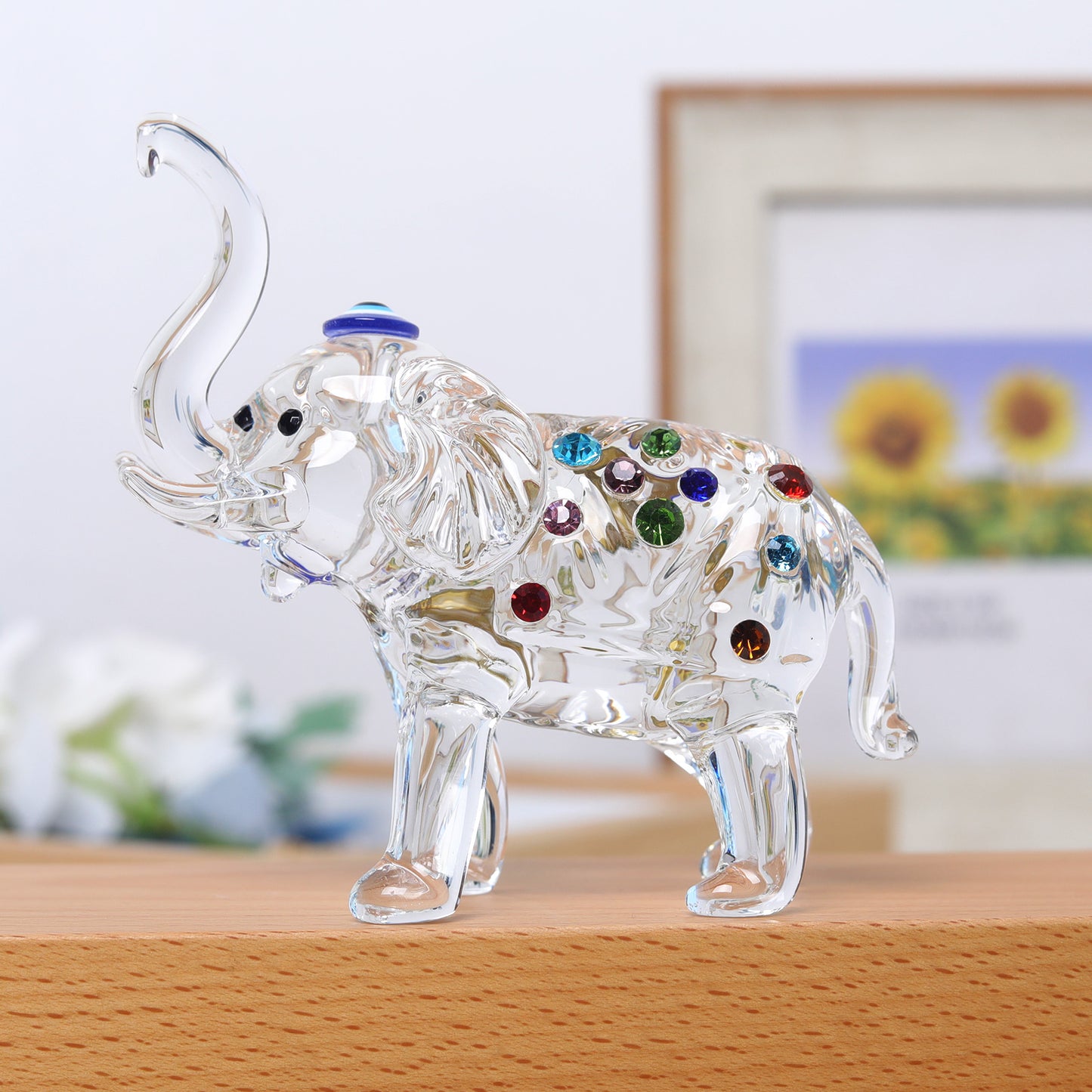 Crystal Elephant Statue with Colorful Diamond