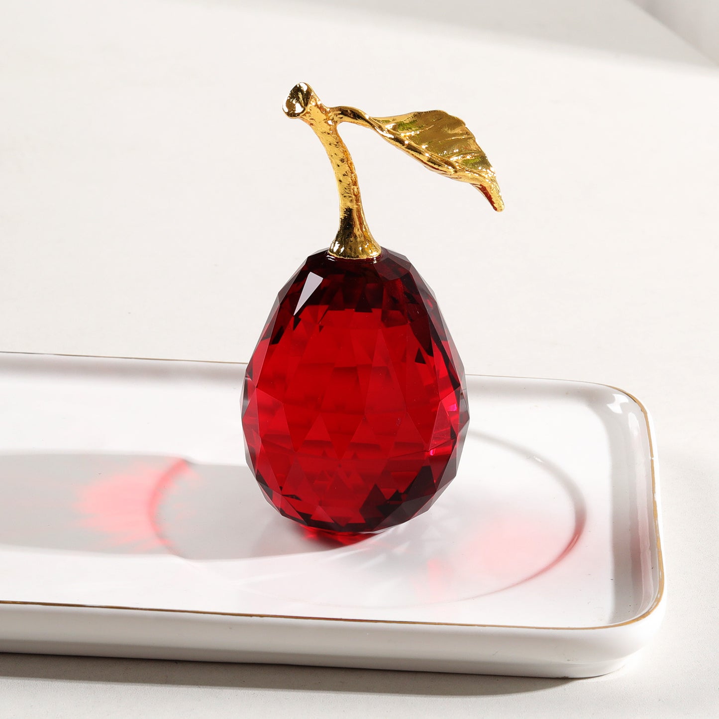 Crystal Pear Figurine with Golden Leaf