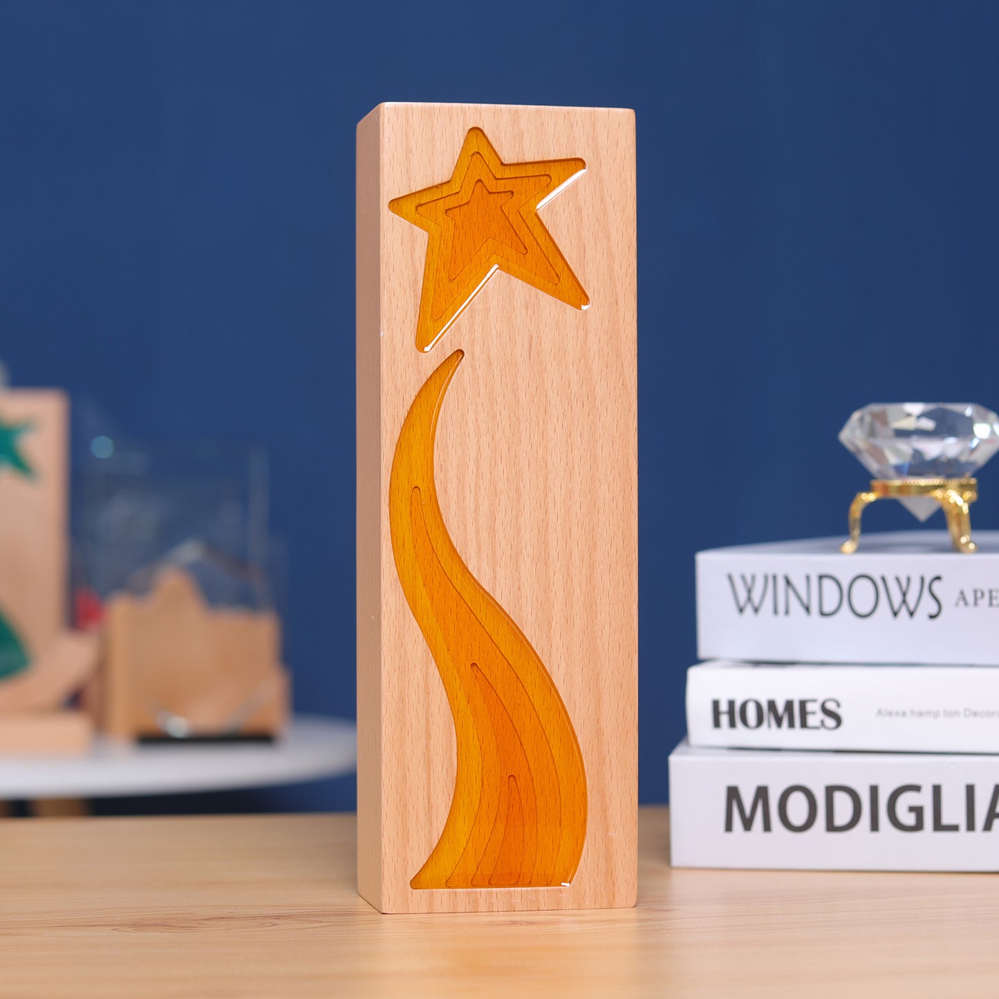 Longwin Rectangular Wooden Trophy with Star and Ribbon Pattern
