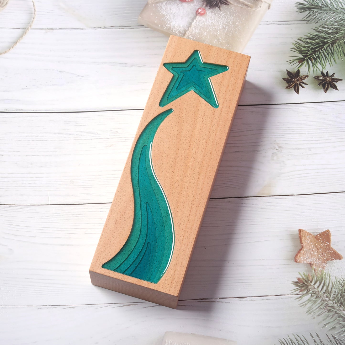 Longwin Rectangular Wooden Trophy with Star and Ribbon Pattern