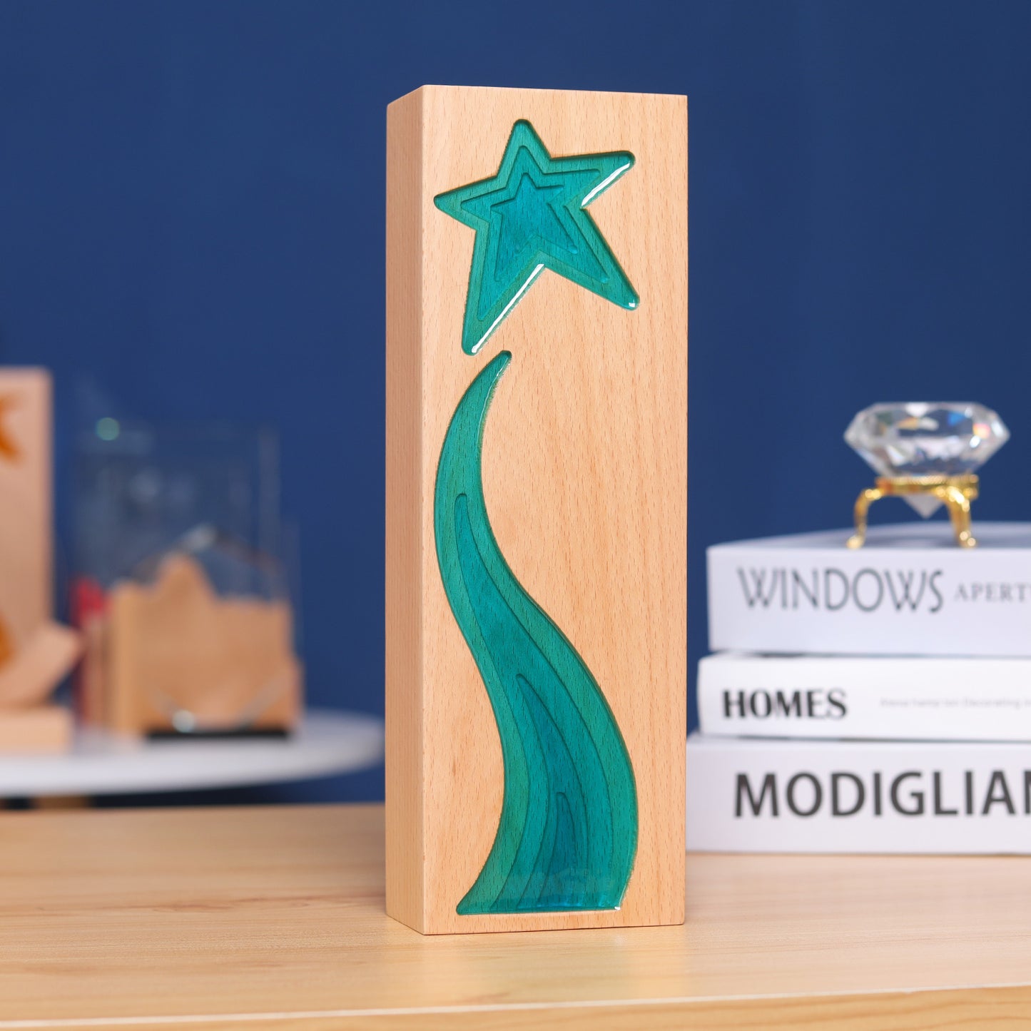 Longwin Rectangular Wooden Trophy with Star and Ribbon Pattern