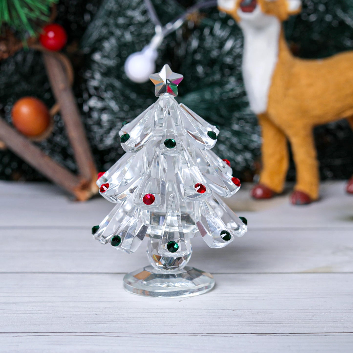Crystal Christmas Tree Paperweight with Red and Green Diamond